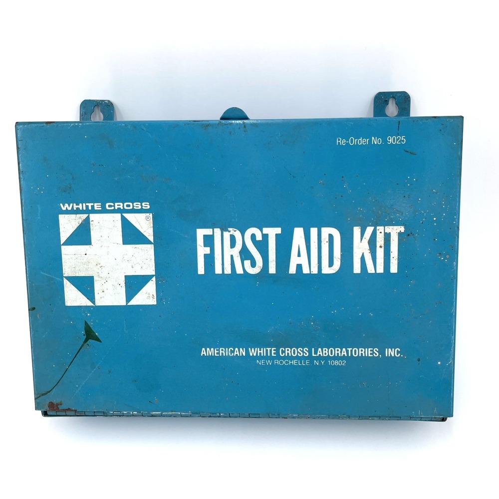 Steel Wall Mount First Aid Kit White Cross Lab Factory Industrial Film Prop Vtg